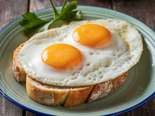 Fried eggs on a crusty slice of bread on a ceramic plate photo