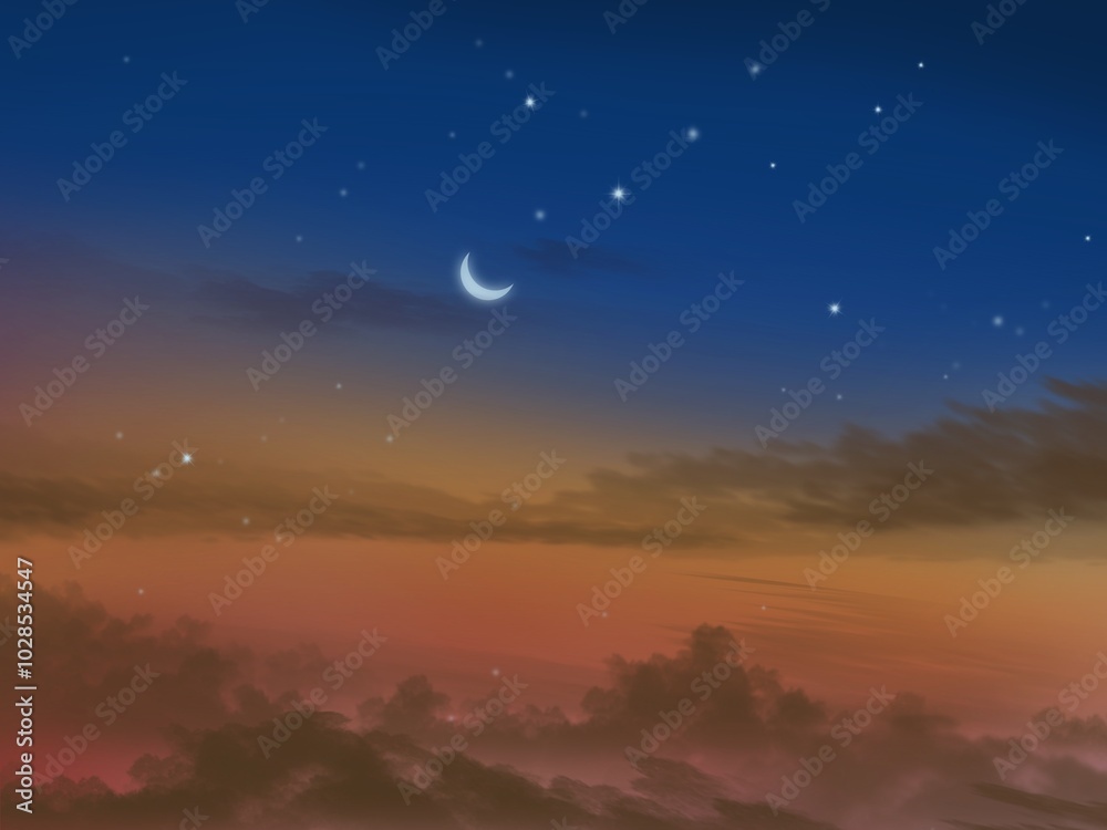 The atmosphere in the evening sky and the crescent moon. Illustration, abstract background made from a tablet for background. The atmosphere in the evening sky and the crescent moon. Illustration, abstract background made from a tablet for background.