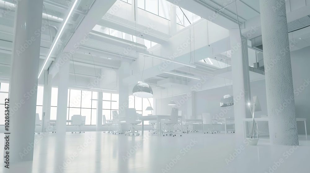 A modern office layout showcasing multiple workstations with sleek white tables and gray upholstered booth seating, designed for a contemporary and efficient work environment