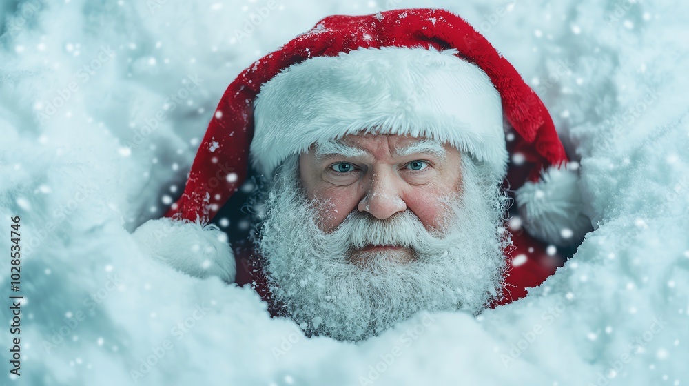 A grumpy Santa trapped in a blizzard, trying to pull his sleigh out of a snowbank with a frustrated expression A grumpy Santa trapped in a blizzard, trying to pull his sleigh out of a snowbank with a frustrated expression