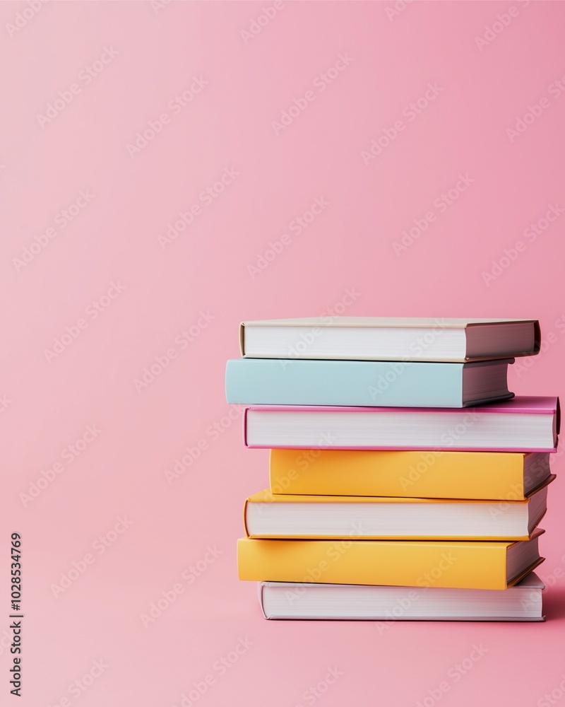 A stack of colorful books rests on a soft pink background, creating a vibrant and inviting literary aesthetic. A stack of colorful books rests on a soft pink background, creating a vibrant and inviting literary aesthetic.