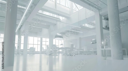 Obraz na płótnie A modern office layout showcasing multiple workstations with sleek white tables and gray upholstered booth seating, designed for a contemporary and efficient work environment w salonie