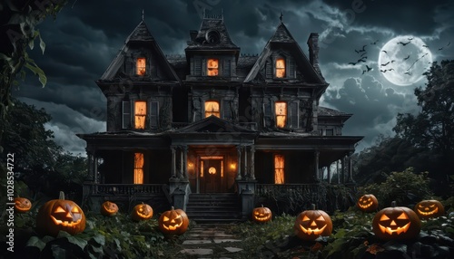 Spooky Halloween Mansion with Illuminated Jack-o'-Lanterns and Stormy Sky