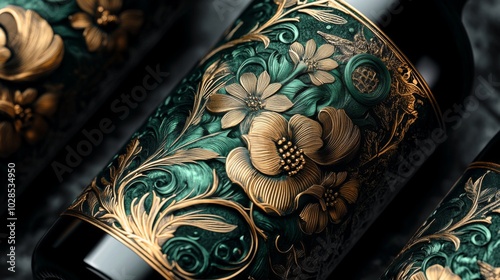 Art nouveau bottle label design with floral patterns goldgreen colors photo