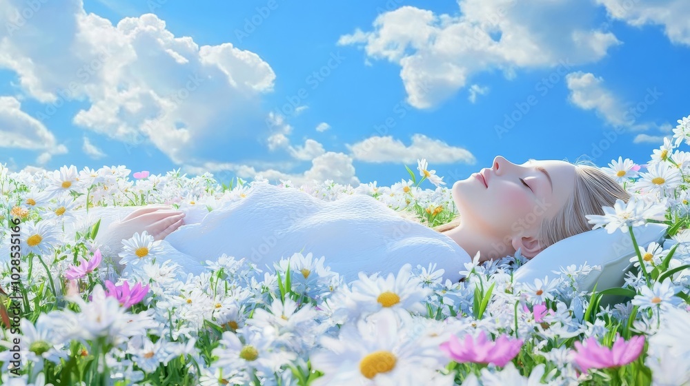 Woman lying in a flower field, serene and blissful, sunlight on her face, realistic