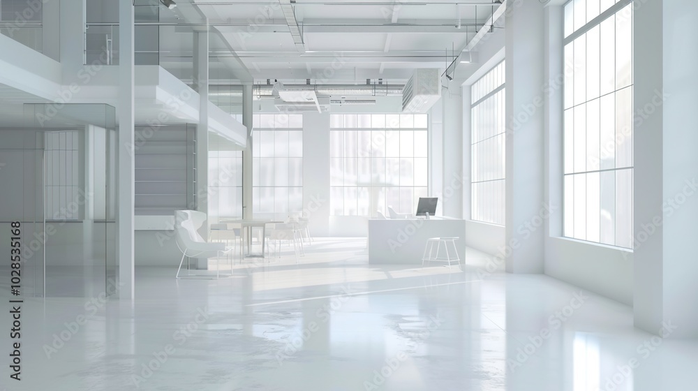A modern office layout showcasing multiple workstations with sleek white tables and gray upholstered booth seating, designed for a contemporary and efficient work environment