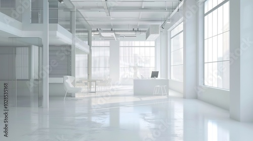 Obraz na płótnie A modern office layout showcasing multiple workstations with sleek white tables and gray upholstered booth seating, designed for a contemporary and efficient work environment w salonie