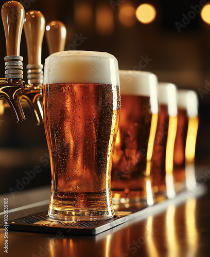 Illustration of a glass of draft beer on a bar table in a pub. photo