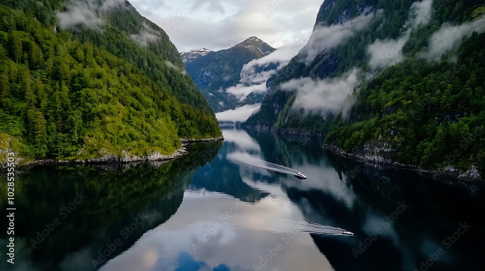 Misty Fjord Landscape with Boat Reflection Misty Fjord Landscape with Boat Reflection