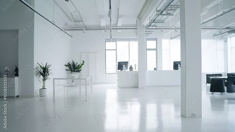 A modern office layout showcasing multiple workstations with sleek white tables and gray upholstered booth seating, designed for a contemporary and efficient work environment
