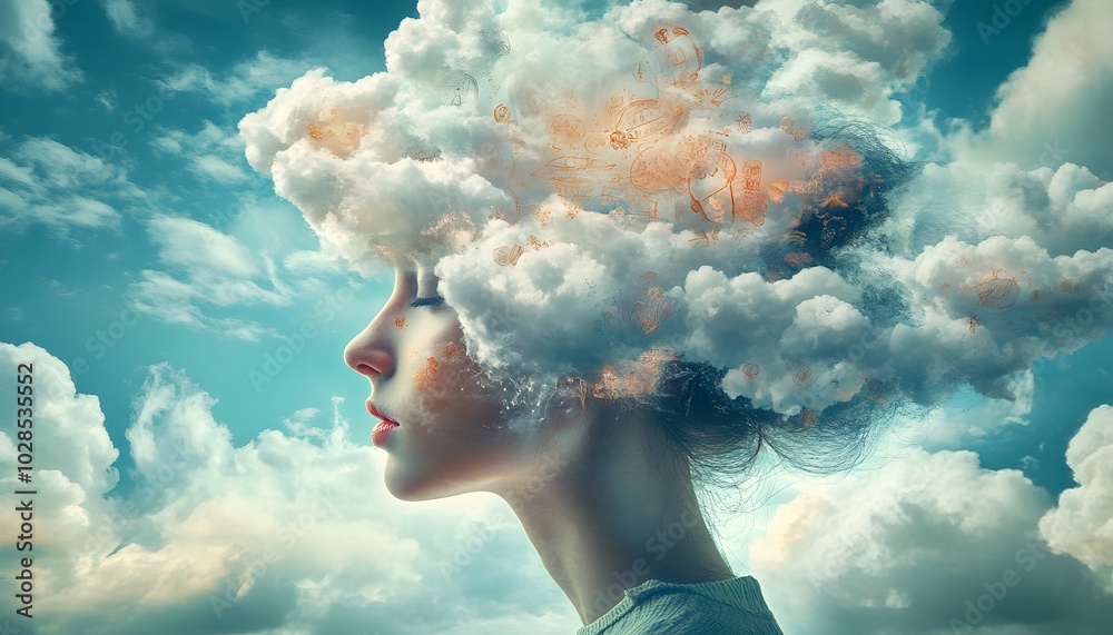 Surreal image of a woman with clouds for hair, symbolizing dreams and imagination against a vibrant sky. Surreal image of a woman with clouds for hair, symbolizing dreams and imagination against a vibrant sky.
