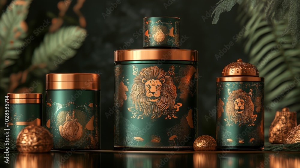 Art nouveau packaging design with lion and mushroom motifs Art nouveau packaging design with lion and mushroom motifs