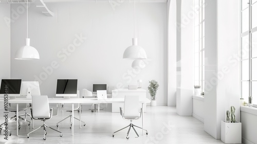 A modern office layout showcasing multiple workstations with sleek white tables and gray upholstered booth seating, designed for a contemporary and efficient work environment