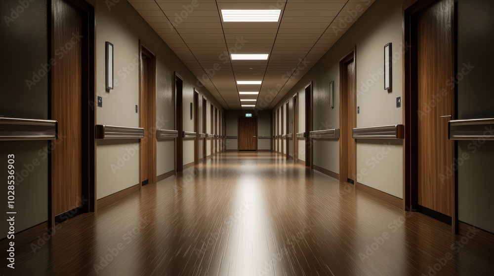 Modern hospital corridor with polished wooden floors