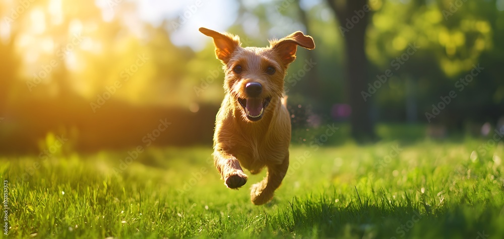 A joyful dog running freely through a sunlit green field, capturing the essence of playfulness and freedom in nature. A joyful dog running freely through a sunlit green field, capturing the essence of playfulness and freedom in nature.