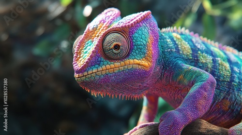 Closeup of Colorful Chameleon Lizard with Exotic Camouflage Patterns