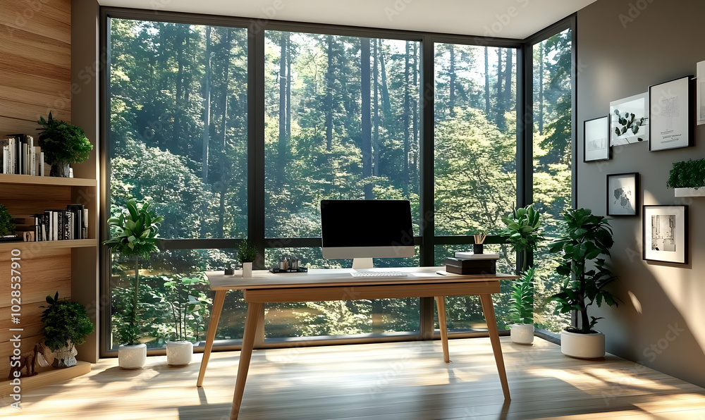 Fototapeta premium Modern Minimalist Home Office with Large Windows