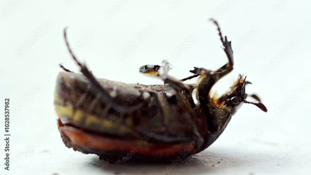 Beetle struggling to right itself on a clean white background close-up view