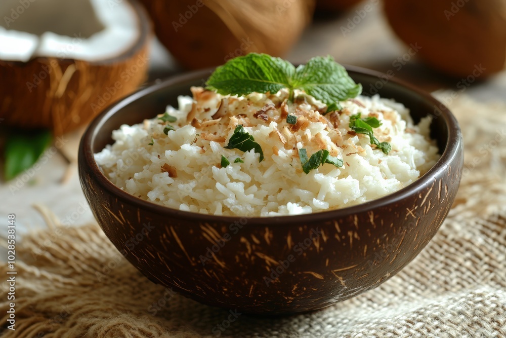 Coconut Rice Bowl. Closeup of Delicious Basmati Rice in Ceramic Bowl on Table Coconut Rice Bowl. Closeup of Delicious Basmati Rice in Ceramic Bowl on Table
