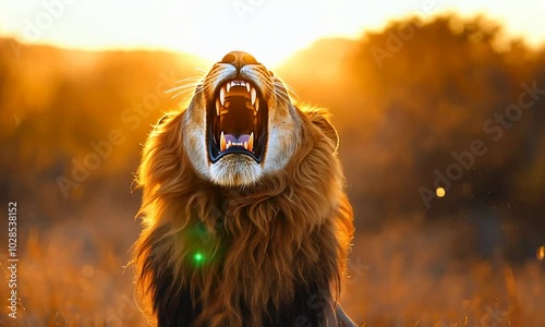 A majestic lion roaring in a golden sunset glow.