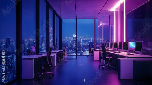 Modern Office Interior with Panoramic Windows at Night