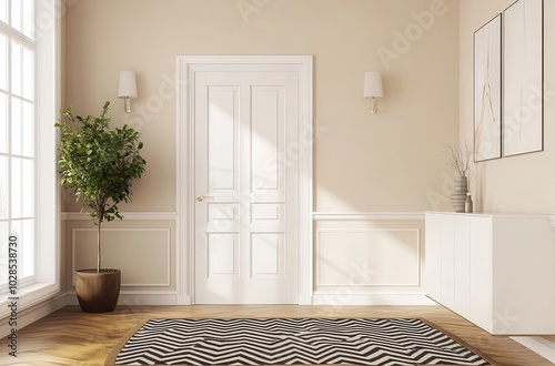Elegant minimalist room with a white door, potted plant, artwork, and soft lighting.