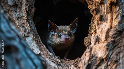 A bat emerging from a hollow tree trunk at dusk.
