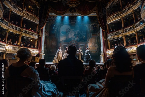 The stage is alive with actors in period costumes captivating an engaged audience during a live theatrical performance. Generative AI