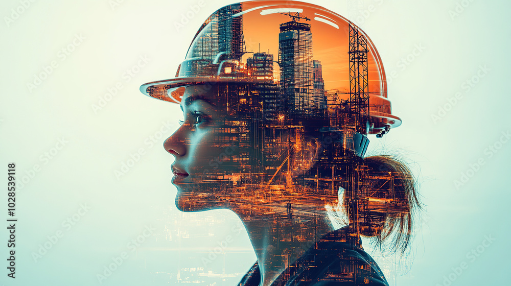 Double Exposure of a Woman in Construction and a Modern Cityscape Double Exposure of a Woman in Construction and a Modern Cityscape