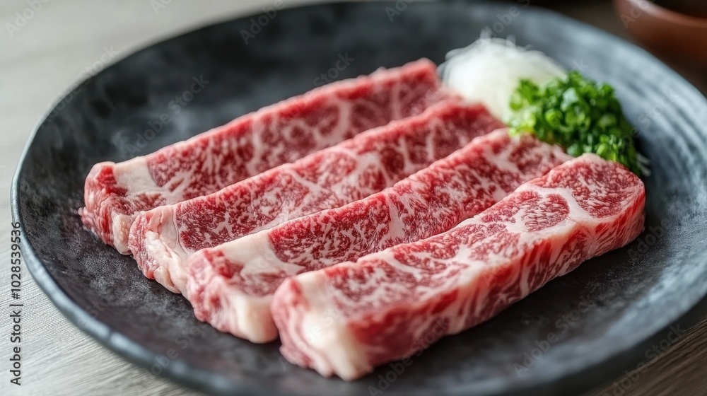 A plate of marbled beef slices, garnished with green onions, ready for cooking. A plate of marbled beef slices, garnished with green onions, ready for cooking.