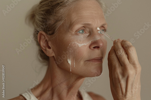 Portrait of elrderly woman takes care of her skin with cosmetic toner photo