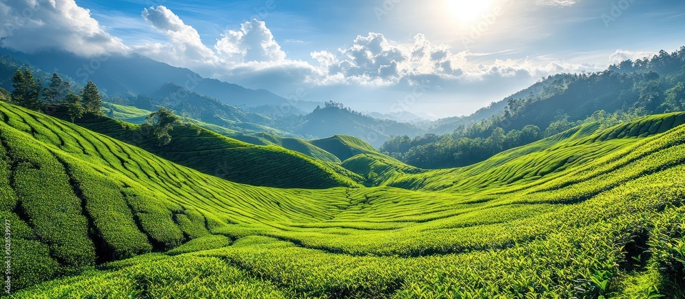 Lush green tea plantation in the mountains with a blue sky and white clouds. Lush green tea plantation in the mountains with a blue sky and white clouds.