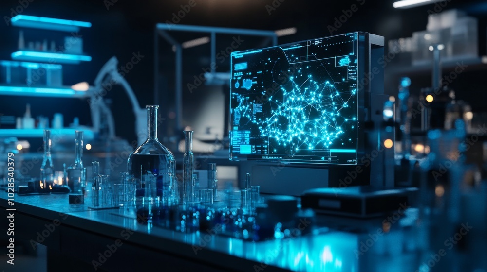 Futuristic scifi laboratory with holographic displays and ambient lighting Futuristic scifi laboratory with holographic displays and ambient lighting