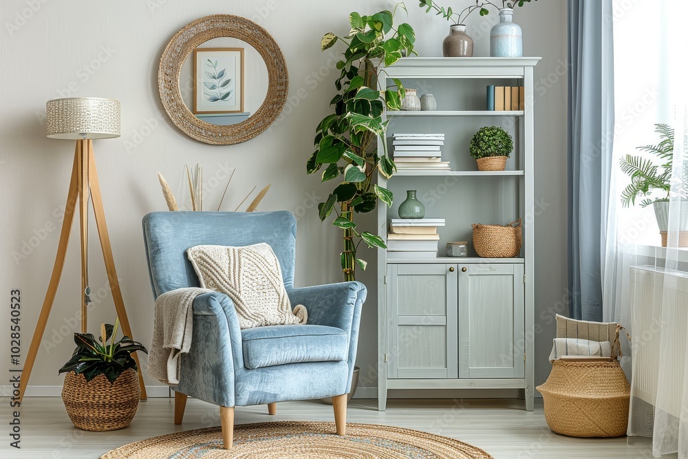 Obraz premium Tall, narrow light grey bookcase with oak finish, blue armchair, and cozy pastel-decorated room with plants, accessories, and large mirror.