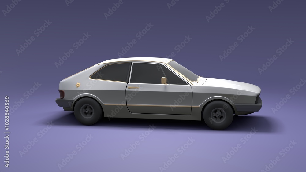 Cool looking old fashion car, side view studio render on purple background. Modern car design. 3d illustration. Cool looking old fashion car, side view studio render on purple background. Modern car design. 3d illustration.