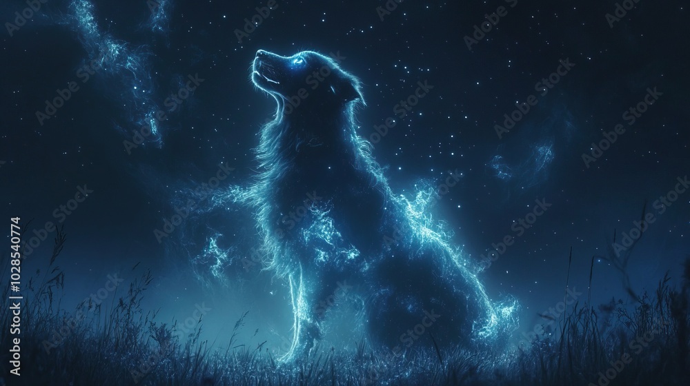 Mystical Glowing Dog in a Cosmic Night Sky Enchanting Vision Mystical Glowing Dog in a Cosmic Night Sky Enchanting Vision