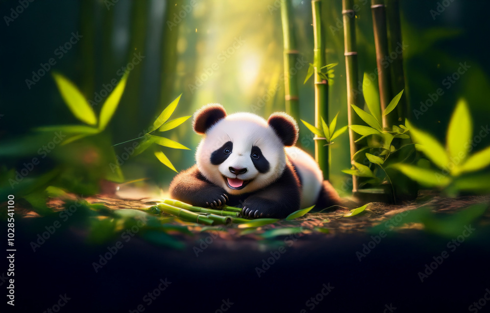 A cute panda cub lies on a bed of bamboo, grinning with a happy expression. A cute panda cub lies on a bed of bamboo, grinning with a happy expression.