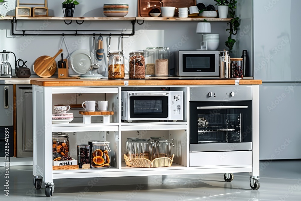 White kitchen island with wooden top and mobile wheels, featuring storage shelves, doors at each end, coffee mug rack, and white ovens in a cozy kitchen setting. White kitchen island with wooden top and mobile wheels, featuring storage shelves, doors at each end, coffee mug rack, and white ovens in a cozy kitchen setting.