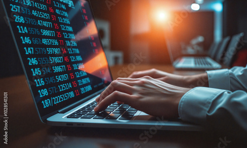 Person analyzing financial data on a laptop in a modern office environment during the evening