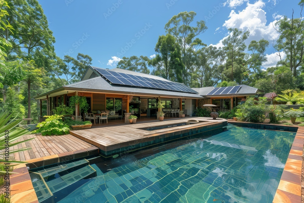 Wide angle photo of an Australian home with solar panels on the roof and a wooden deck by the swimming pool in the backyard on a sunny day with blue sky and tropical trees. Wide angle photo of an Australian home with solar panels on the roof and a wooden deck by the swimming pool in the backyard on a sunny day with blue sky and tropical trees.
