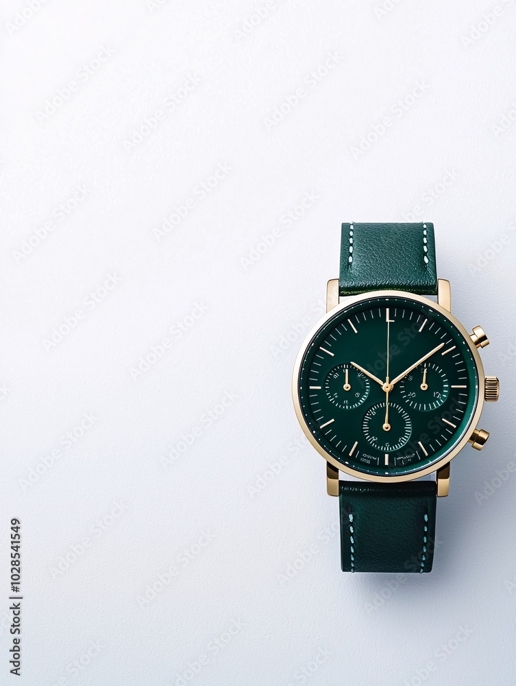 A luxury gold watch with emerald accents, captured in a detailed shot to showcase the precision of its design and craftsmanship, with copy space for text. A luxury gold watch with emerald accents, captured in a detailed shot to showcase the precision of its design and craftsmanship, with copy space for text.