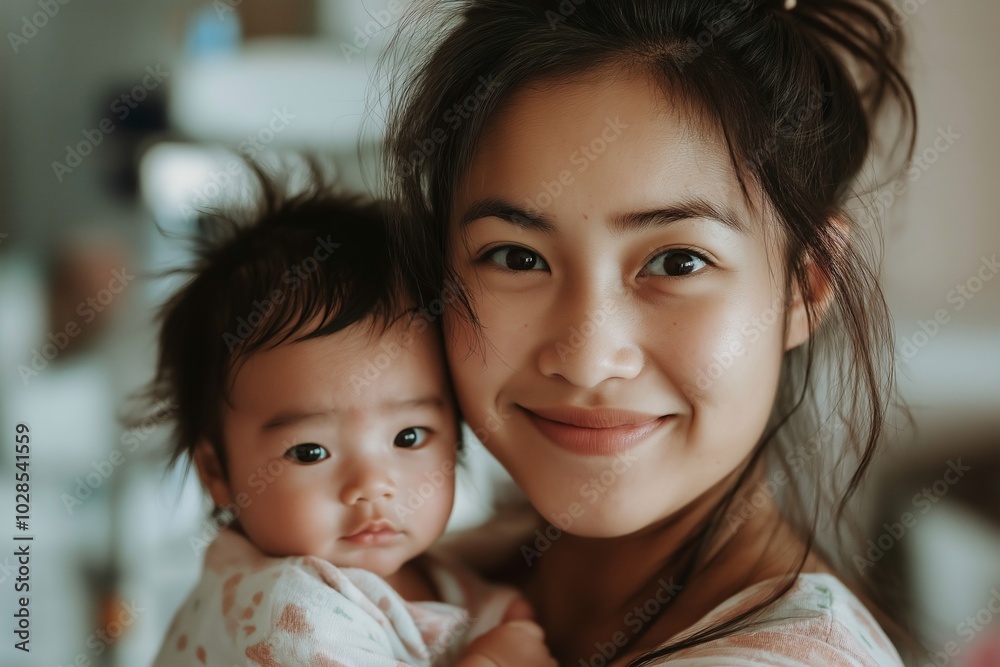 Asian Mother and baby portrait. Universal Children's Day. Mother's Day Asian Mother and baby portrait. Universal Children's Day. Mother's Day