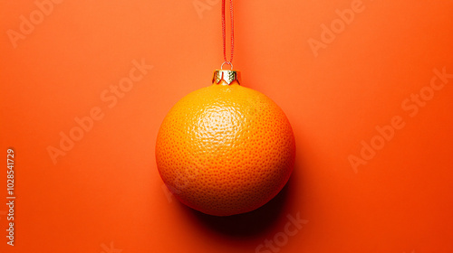 A Christmas ornament resembling an orange fruit, hanging from a red string on a bright orange background