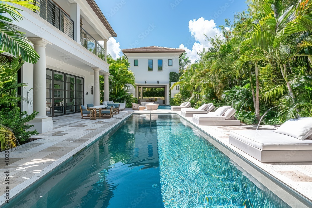 Fototapeta premium Beautiful Miami home with outdoor swimming pool, white furniture, and tropical plants in a luxury modern garden, perfect for summer relaxation or events.