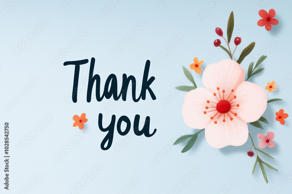 Floral thank you card with handwritten text and delicate flowers on a light blue background, conveying appreciation and gratitude. Floral thank you card with handwritten text and delicate flowers on a light blue background, conveying appreciation and gratitude.