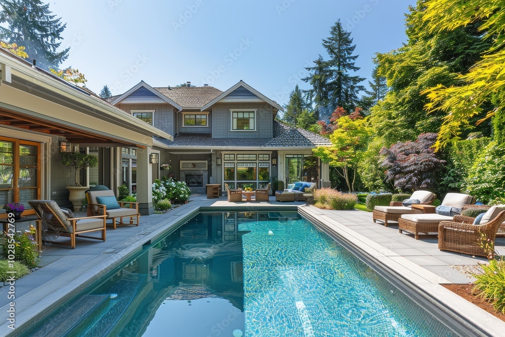 Fototapeta premium Beautiful luxury home with pool and outdoor seating in a serene Pacific Northwest backyard, perfect for relaxation on a sunny day.