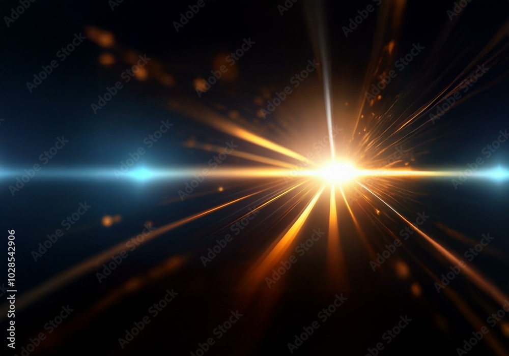 A bright light source in the center creates radiating beams of light on a dark background.