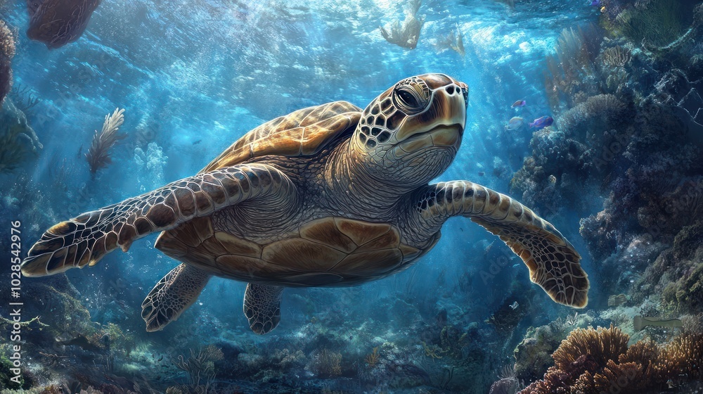 Fototapeta premium Sea Turtle Swimming Through Coral Reef with Sun Rays