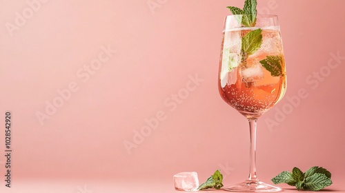 A tall glass of Hugo Spritz with mint sprigs and ice cubes, condensation on the surface, isolated against a soft pink background with elegant decorative accents photo