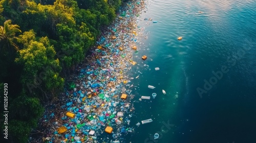 Aerial View of Plastic Pollution Accumulated Along a Shoreline photo